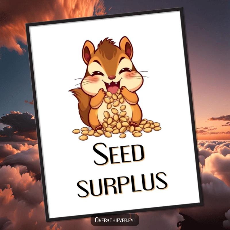 Funny chipmunk character with comically large cheeks stuffed with seeds, looking ecstatic, humorous digital art.