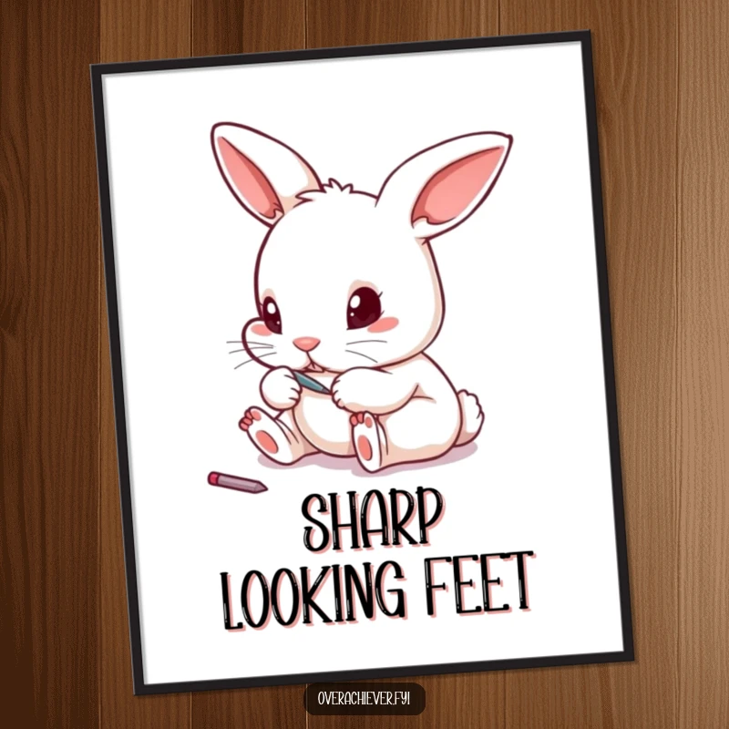 Funny tiny rabbit filing its toenails with a miniature file in a digital art print, adding quirky decor.