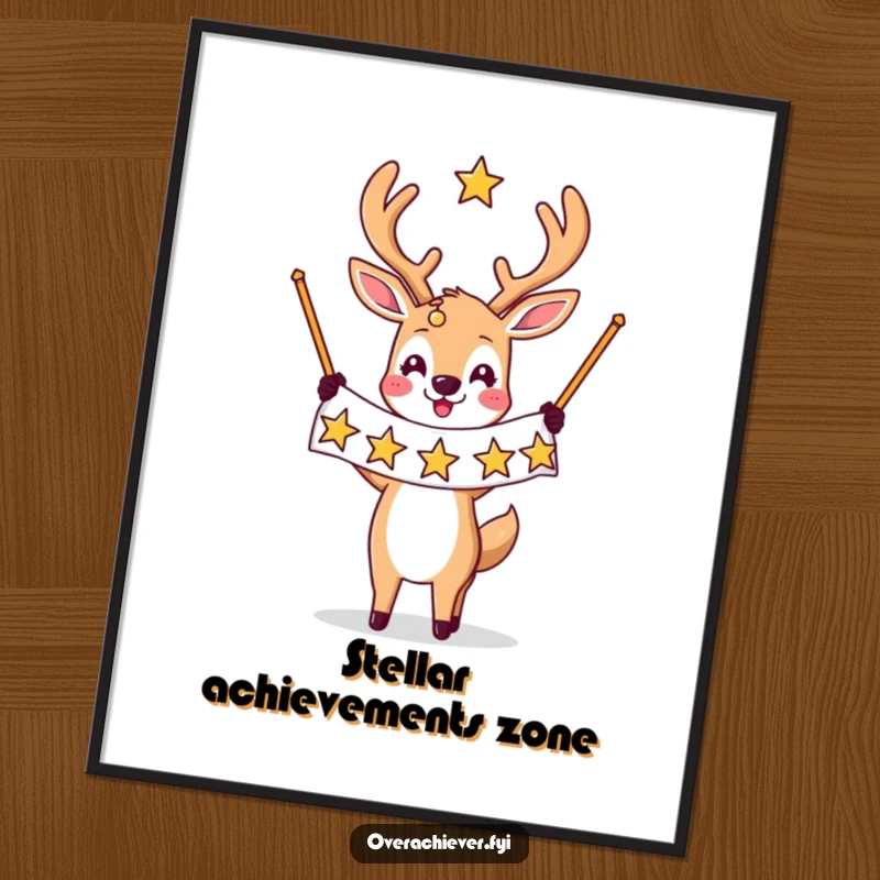 Funny digital art: A triumphant deer character holds a banner decorated with many stars, capturing a humorous scene of achievement instantly.