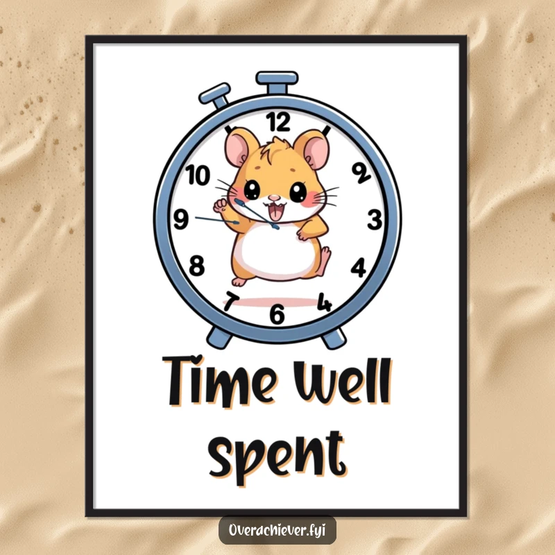 Funny digital art print of a determined hamster character running on a wheel that also functions as a clock, instant motivational decor.