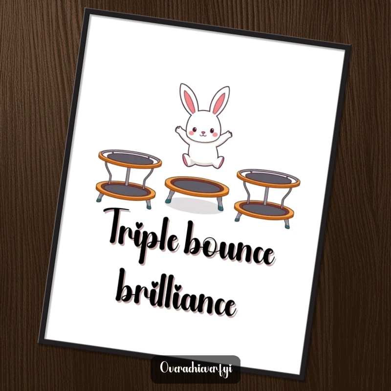 Funny digital art print of a tiny rabbit character hopping energetically on three trampolines, capturing pure, bouncing, humorous joy.