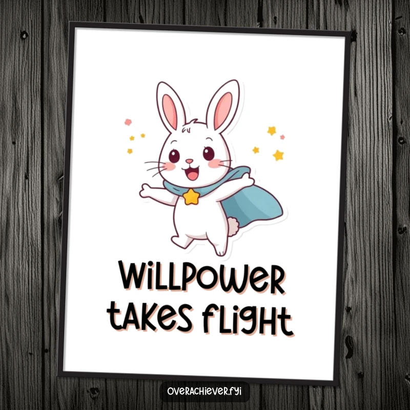Funny happy rabbit character wearing a superhero cape, attempting to fly with sheer willpower, high-resolution digital art for humorous decor.