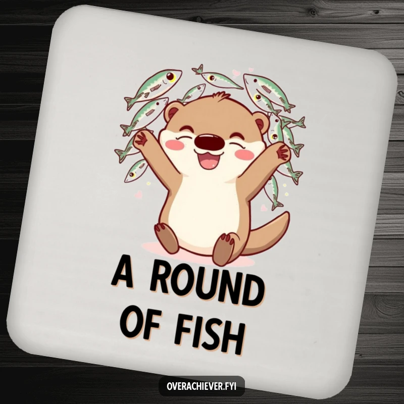 Funny Coasters: A grinning otter character juggling fish, humorously protecting your surfaces with joyful abundance.