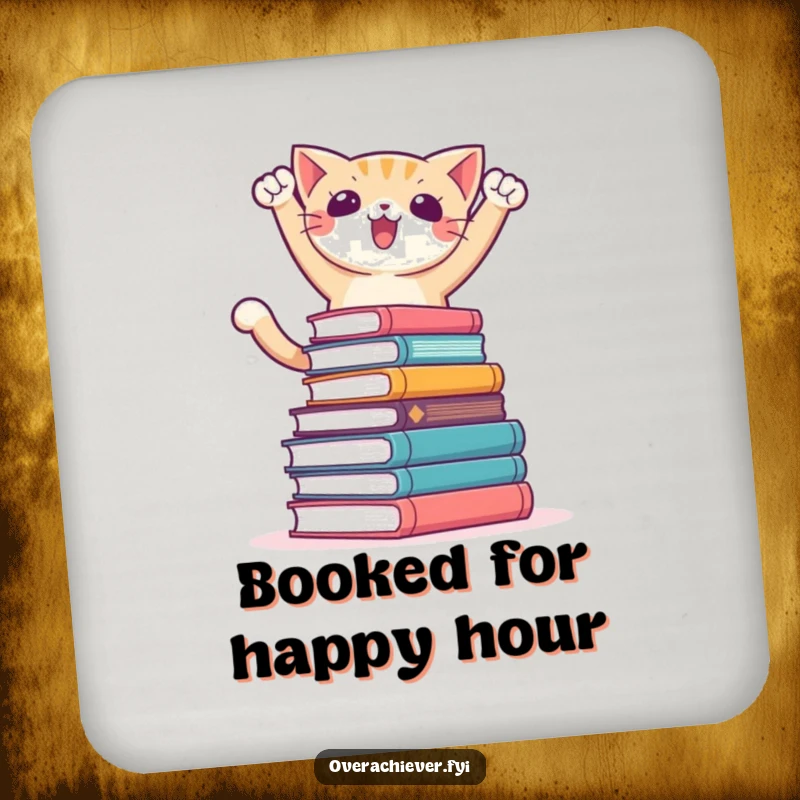 Funny drink coaster featuring a triumphant cat character standing proudly on a stack of books, adding humor to tabletops.