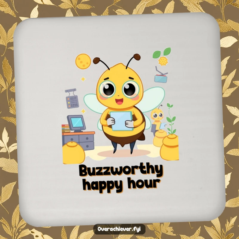 Funny bee coasters showing a busy character managing a hive, protecting surfaces with humor.
