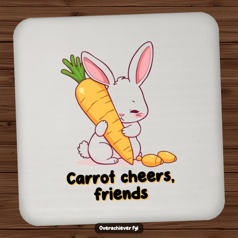 Funny drink coaster with a determined rabbit polishing a giant golden carrot, adding humorous flair to any surface, a nice funny gift.