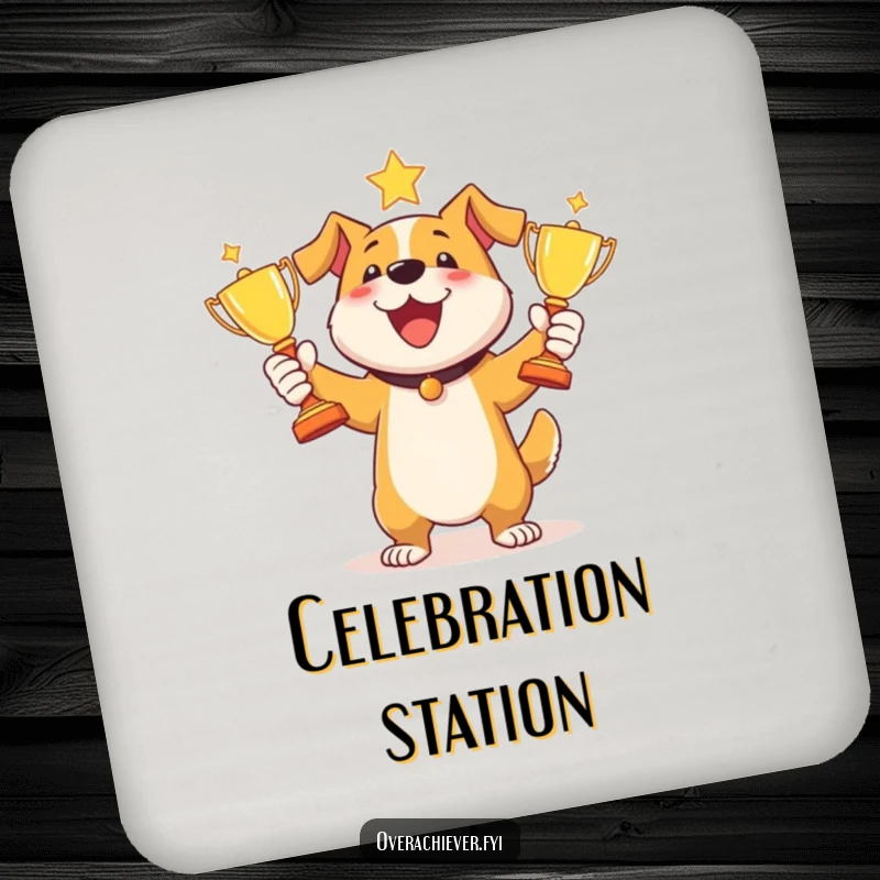 Funny dog juggling trophies coaster featuring a joyful dog gleefully tossing three shiny awards, symbolizing victory.