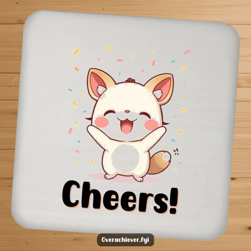 Funny drink coaster with a cheering animal character and confetti, a cute and humorous accessory.