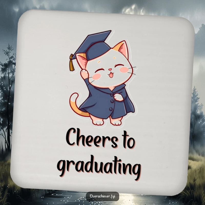 Funny graduation cat coaster featuring a celebratory cat in academic attire, tossing its cap with joy and flair.