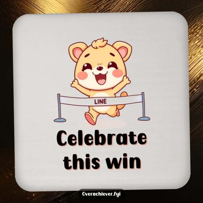 Funny Drink Coaster featuring an animal character crossing a finish line with a determined grin, protecting surfaces with style.