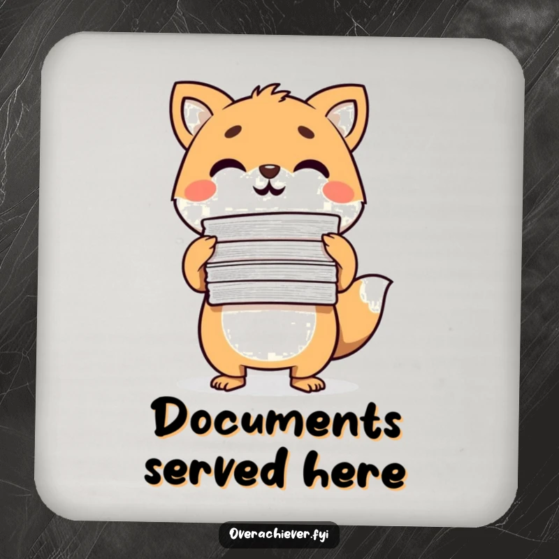 Funny Drink Coaster featuring a determined animal character triumphantly holding completed papers, protecting surfaces with a smile.