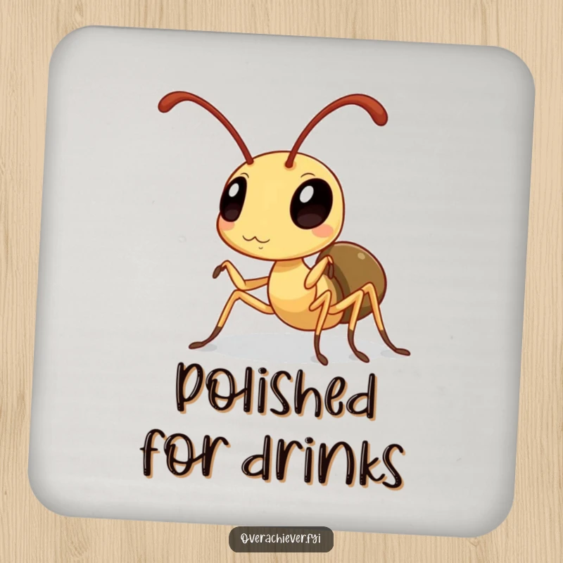 Funny Ant Coaster: A diligent ant polishing its antennae to a high sheen, protecting surfaces with humorous precision.