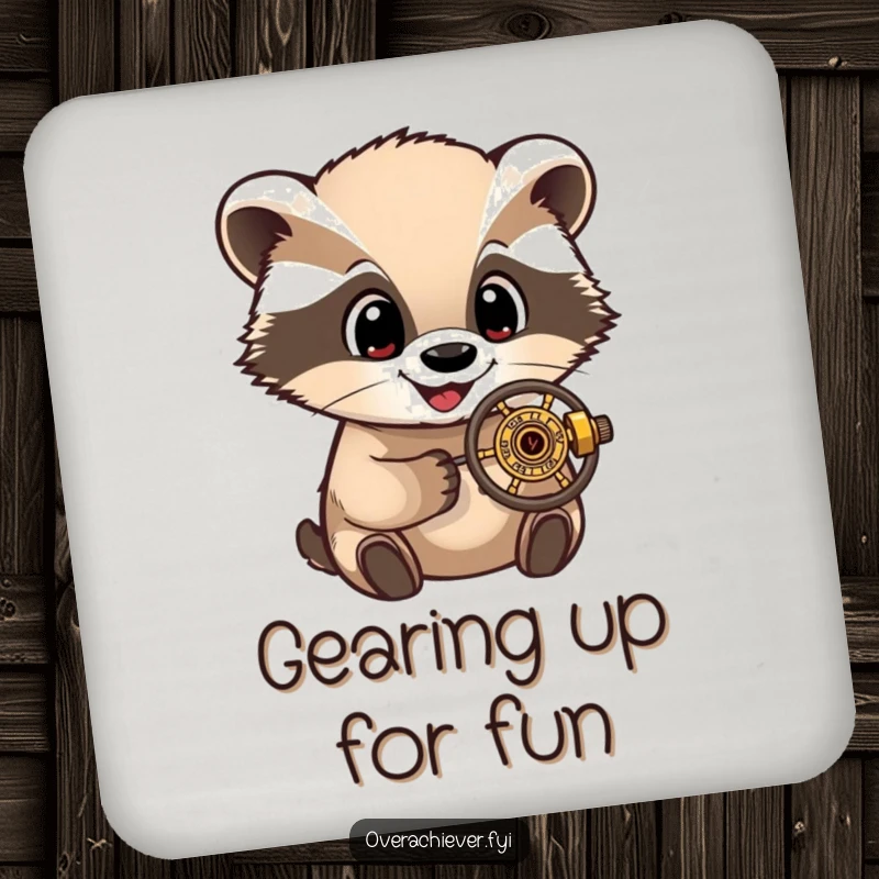 Funny Coasters: A delighted badger character with wide eyes, examining a small, intricate mechanical device, protecting surfaces.