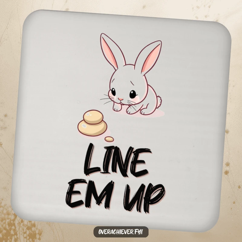Funny Bunny Coaster: A focused bunny carefully arranging pebbles in a perfect line, protecting surfaces with humorous precision.