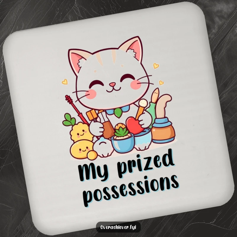 Funny Coasters: A proud cat with a smirk shows off its organized items, protecting surfaces humorously.