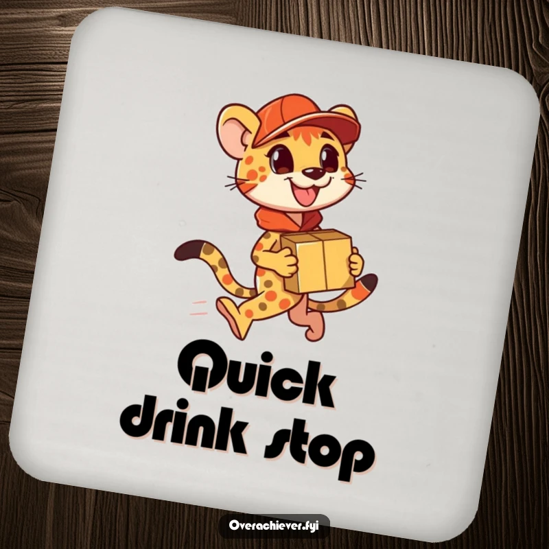 Funny Coasters: A speedy cheetah character delivering packages, humorously protecting your surfaces with swiftness.