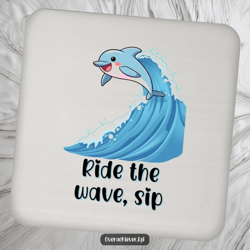 Funny drink coaster featuring a dolphin character joyfully leaping over a sparkling wave, adding a splash of humor to any surface.