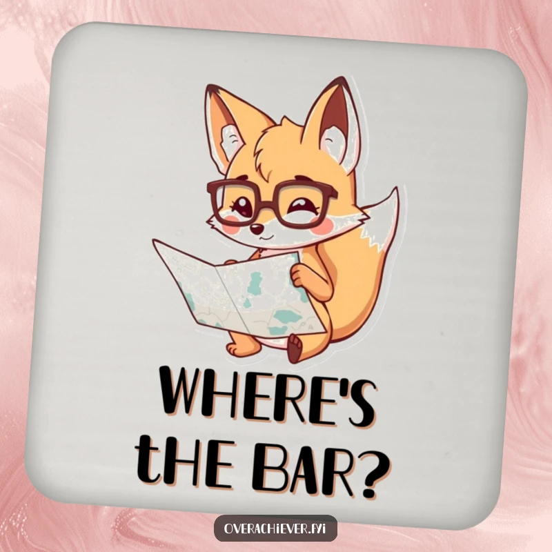 Funny Coasters: A playful fox wearing spectacles, diligently studying a large map, offering humorous protection for your drinks.