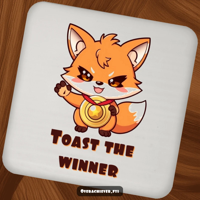Funny driven fox coaster, with a determined grin, presenting a shiny, oversized medal.
