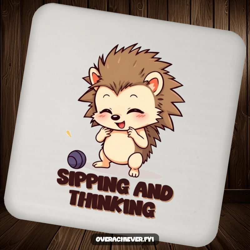 Funny Coasters: A small hedgehog character learning multiple skills with intense focus, protecting your surfaces humorously.