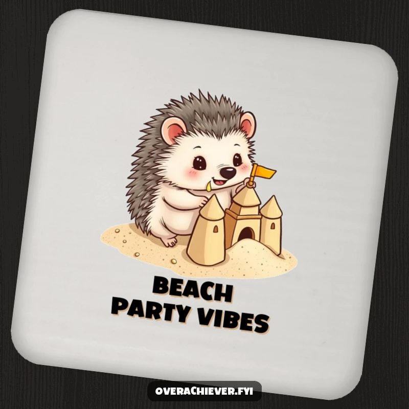 Funny Hedgehog Coaster: A playful hedgehog building a miniature sandcastle with precise detail, protecting surfaces with humorous charm.