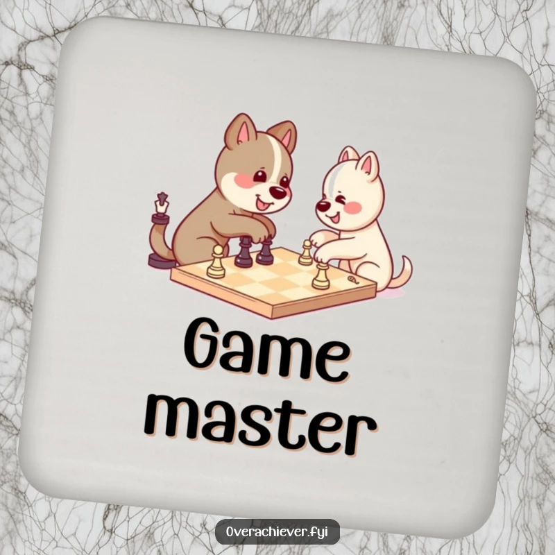 Funny kawaii dog character contemplating a chess move against itself, a set of humorous drink coasters.
