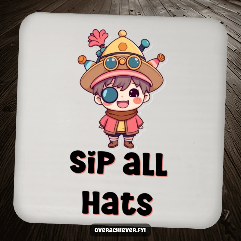Funny multitasker coaster featuring a proud character wearing multiple hats, protecting surfaces with flair. Decorative and humorous accessory.