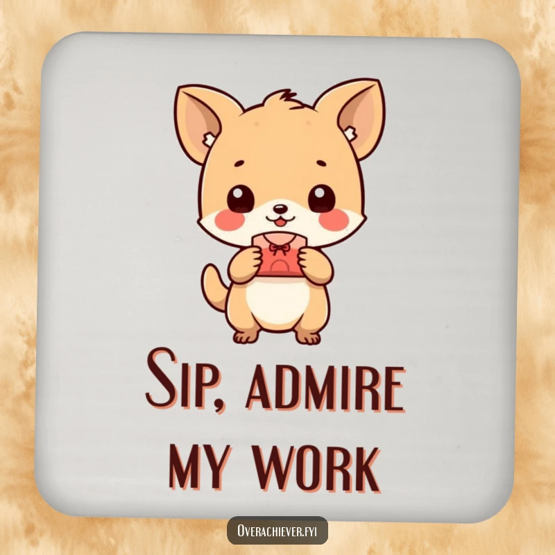 Funny animal coaster, happily presenting a perfectly made small object, protecting surfaces with pride and humor. A decorative home gift.