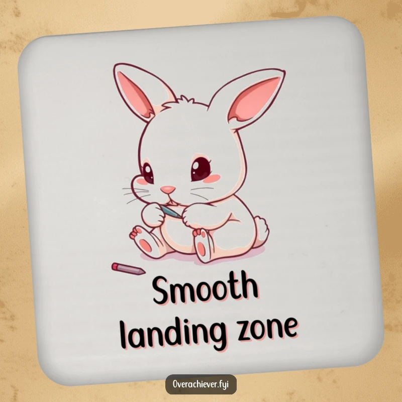 Funny tiny rabbit meticulously filing its toenails with a miniature file on a drink coaster, offering surface protection.