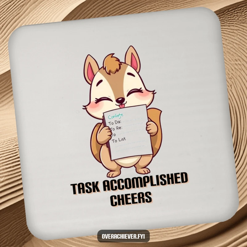 Funny squirrel task master coaster featuring a winking squirrel holding a stack of completed to-do lists.