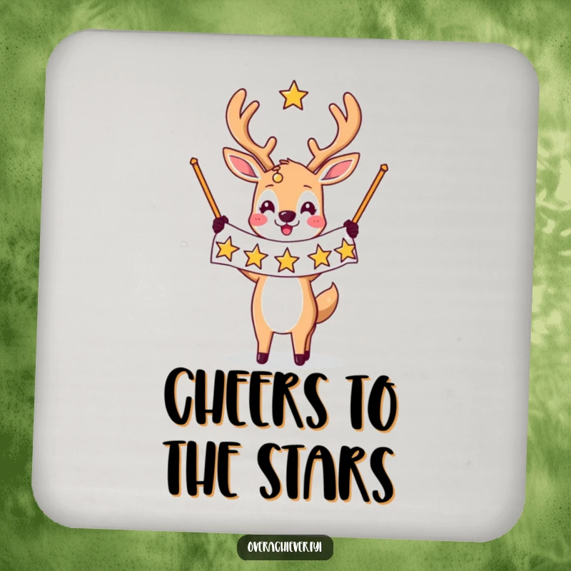 Funny drink coaster: A triumphant deer character holds a banner filled with stars, bringing humorous celebration flair to your table.