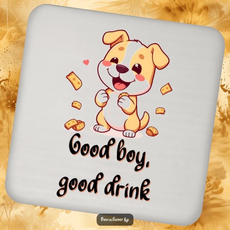 Funny Coasters: A happy dog character performing an elaborate trick with multiple treats, protecting surfaces with humor.