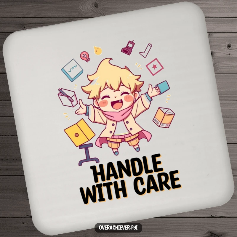 Funny coaster featuring a character joyfully juggling an extreme number of tasks, a symbol of busy efficiency.