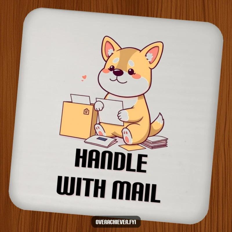 Funny Dog Coaster: A bouncy dog meticulously sorting mail by sender, protecting surfaces with a humorous flair.