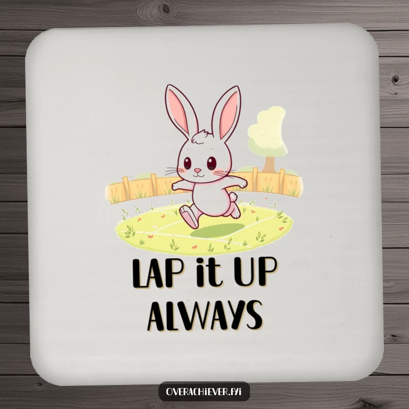 Funny rabbit coasters showing a determined character running laps, protecting surfaces with humor.