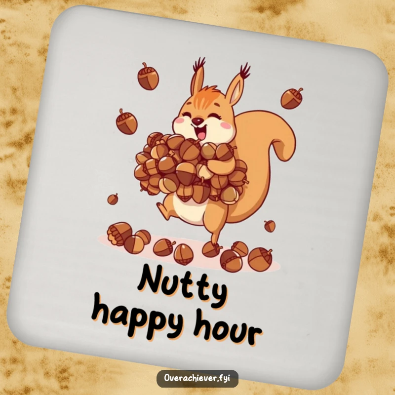 Funny motivated squirrel coaster, juggling an impossibly large pile of acorns, for drink protection.
