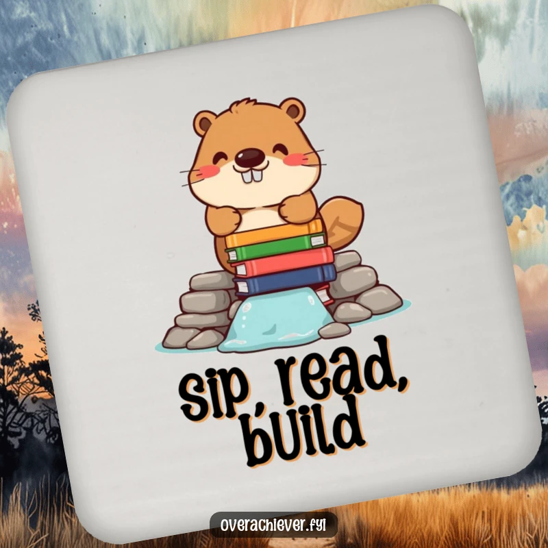 Funny drink coasters depicting a cheerful beaver character building a dam out of stacked books, protecting surfaces with literary humor.