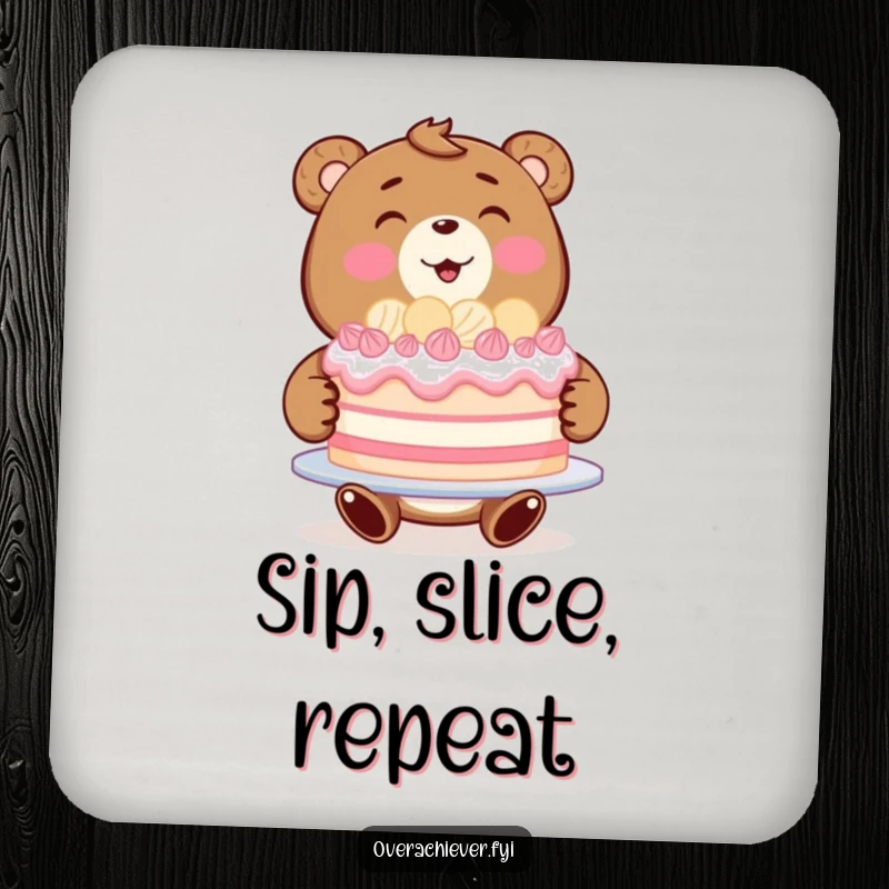 Funny bear baker coaster featuring a beaming bear proudly presenting a large, perfect cake.