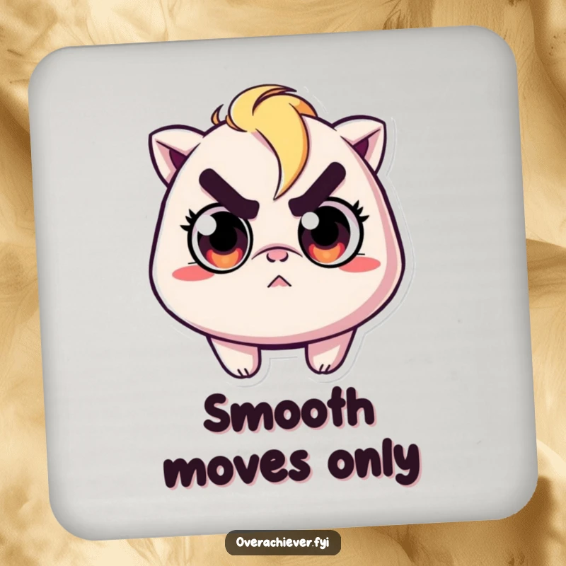 Funny coaster featuring a character with determined eyes, meticulously ironing a single, tiny wrinkle.