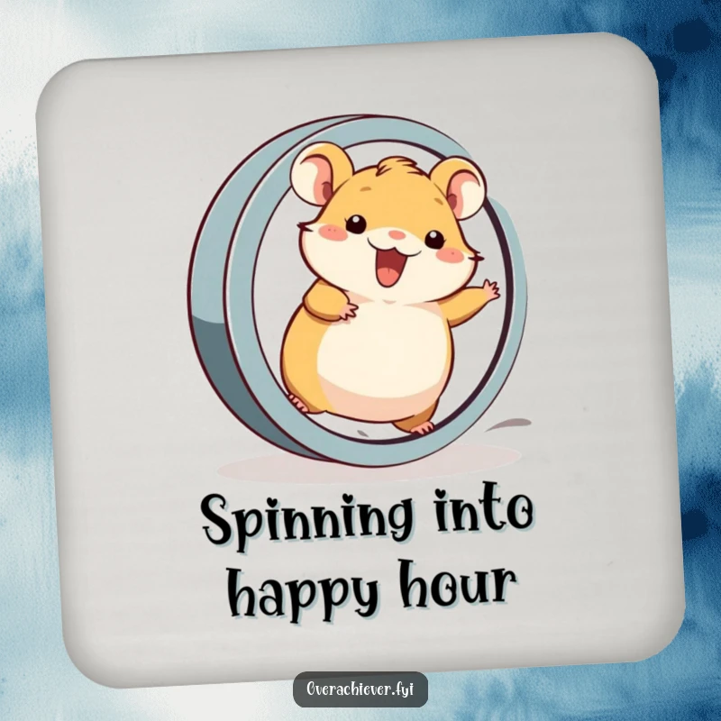 Funny Coasters: A cheerful hamster character running at top speed on an oversized wheel, protecting surfaces with humor.