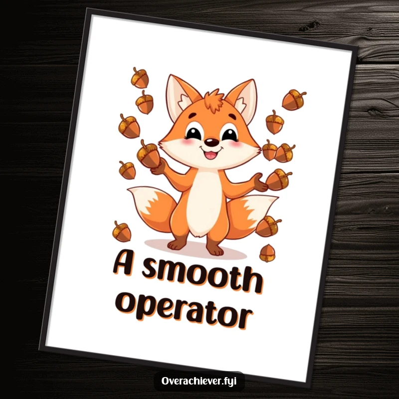 Funny poster art of a playful fox character grinning while juggling an impossible number of shiny acorns, celebrating nature's agility.