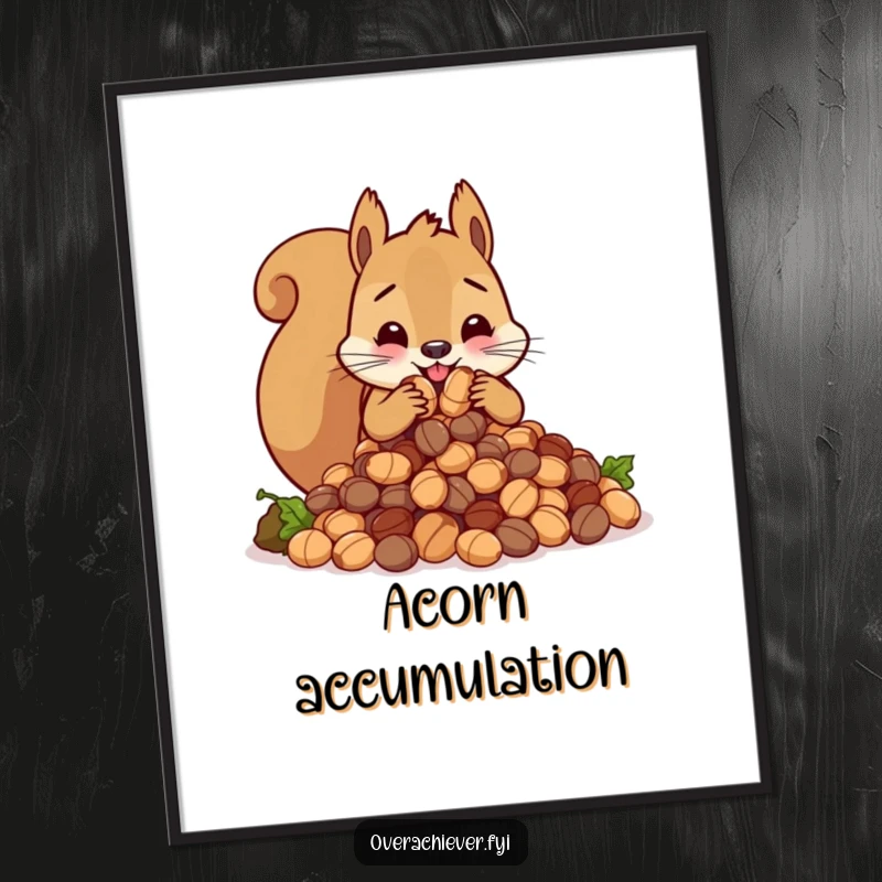 Funny cute squirrel character frantically stuffing an impossibly large amount of nuts into its cheeks, humorous wall art.