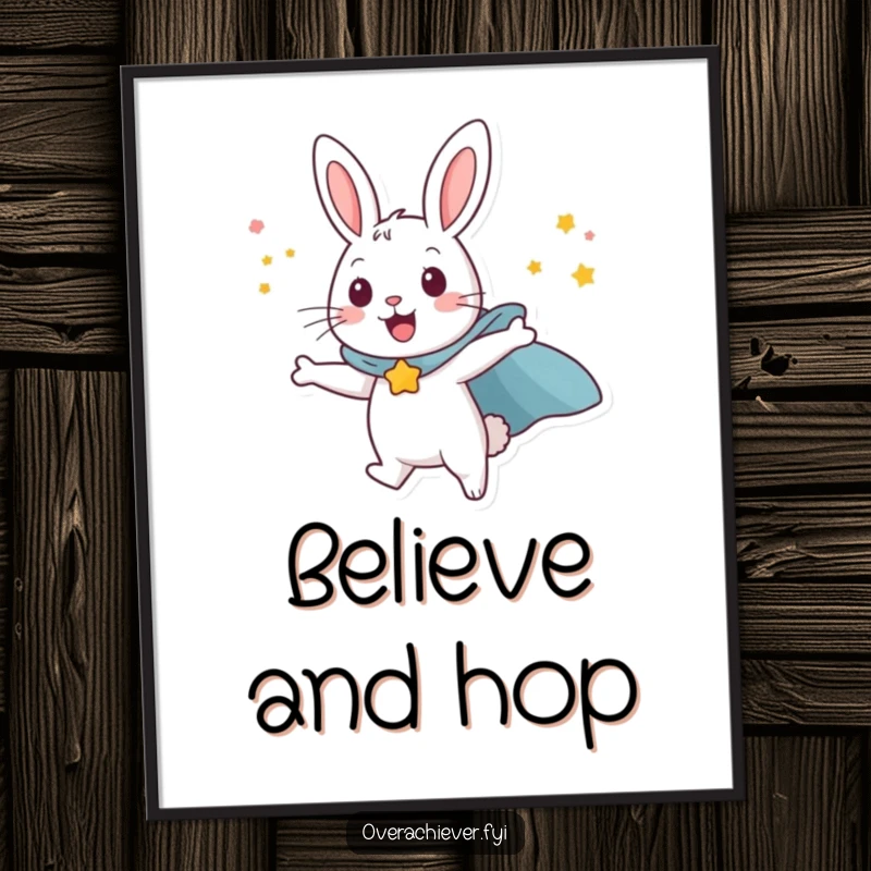 Funny happy rabbit character wearing a superhero cape, attempting to fly with sheer willpower, humorous wall art.