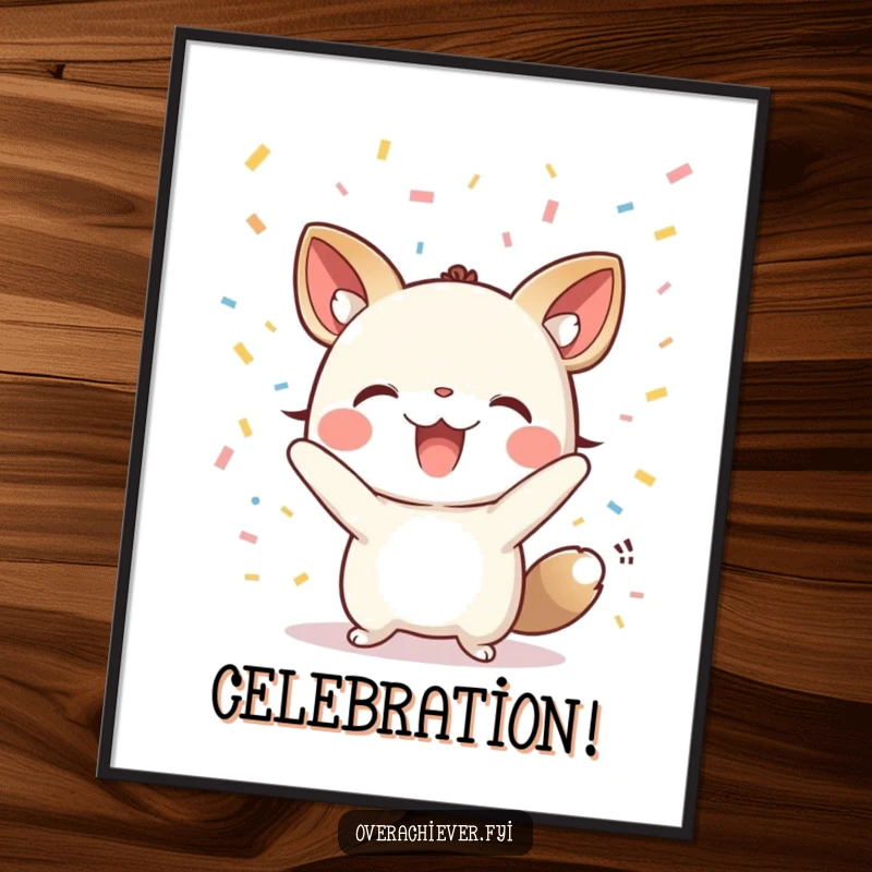 Funny poster art of a small animal character cheering loudly with confetti raining down, a vibrant and festive wall decor.
