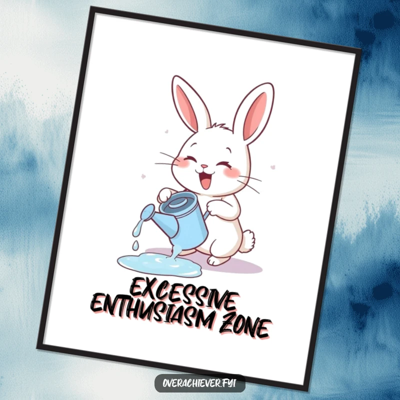 Funny energetic rabbit poster, exuberantly watering an overflowing tiny watering can, cheerful garden scene.