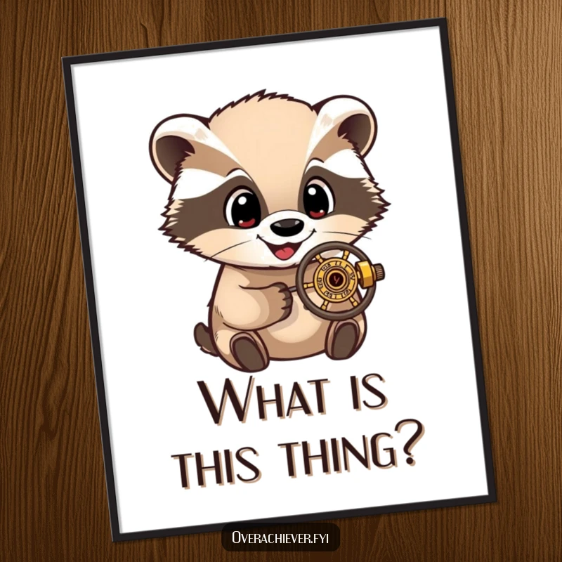 Funny Poster: A delighted badger character, eyes wide with curiosity, studying a very small, intricate, and complex mechanism.