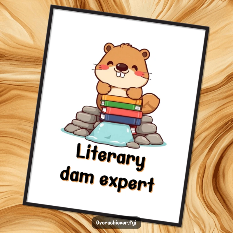 Funny poster of a cheerful beaver character meticulously stacking books to create a dam, blending architectural ambition with literary humor.