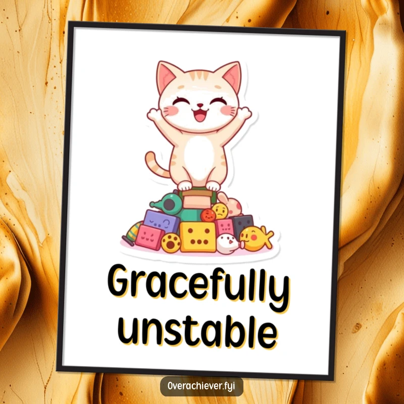 Funny happy cat character triumphantly balancing on a precarious stack of toys on a vibrant poster, a whimsical wall decoration.