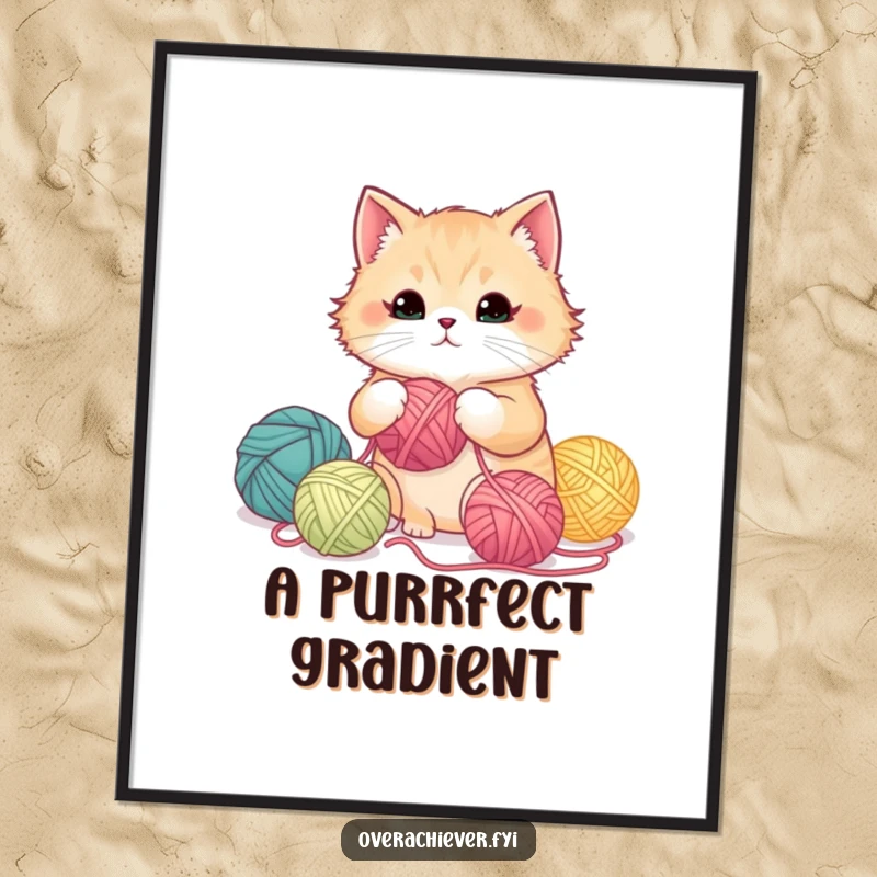Funny fluffy cat meticulously organizing yarn balls by color gradient on a poster, adding artistic feline humor.