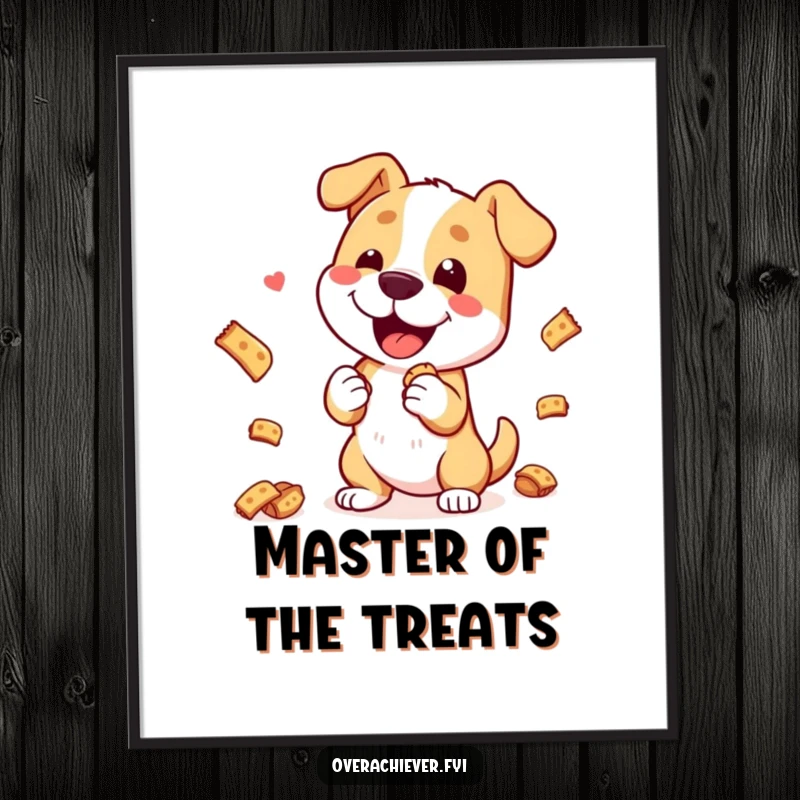 Funny Poster: A happy dog character performing an extremely elaborate trick, balancing a large quantity of treats, looking skillful.